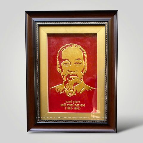 TRANH CHÂN DUNG BÁC HỒ BẰNG ĐỒNG, DÁT VÀNG (32cm x 42cm).