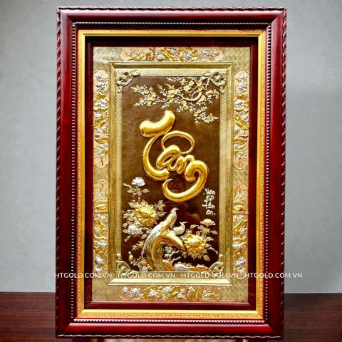 TRANH ĐỒNG CHỮ TÂM DÁT ĐIỂM VÀNG BẠC (128cm*88cm)