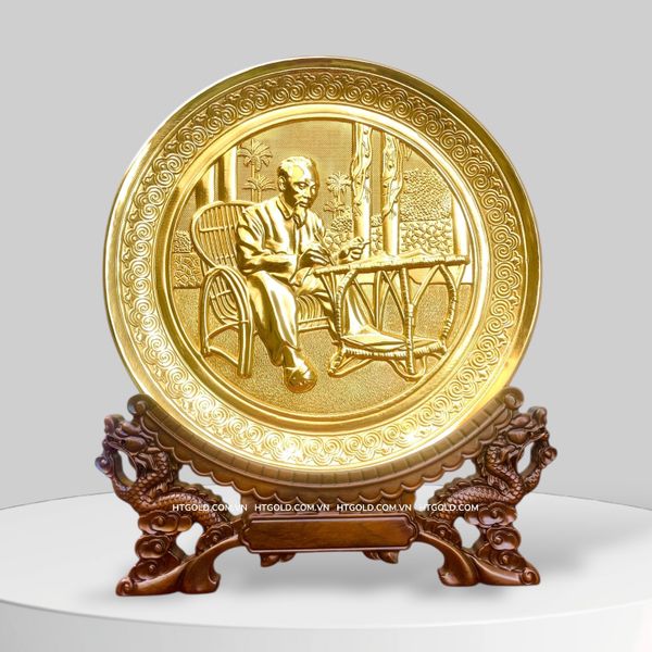 TRANH ĐĨA ĐỒNG BÁC HỒ NGỒI GHẾ MÂY MẠ VÀNG 24k (Đk 19cm)