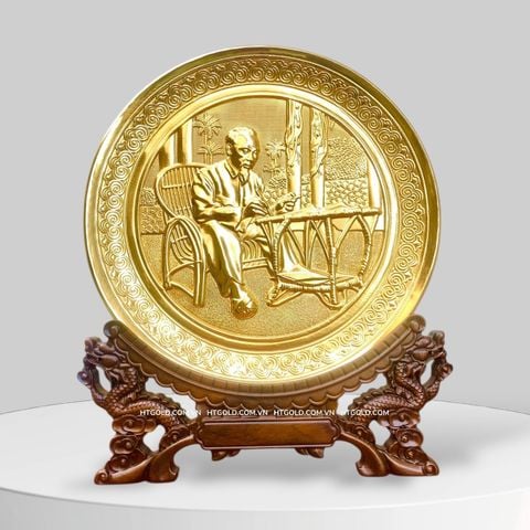 TRANH ĐĨA ĐỒNG BÁC HỒ NGỒI GHẾ MÂY MẠ VÀNG 24k (Đk 19cm)
