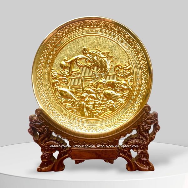 TRANH ĐĨA ĐỒNG CÁ CHÉP HOÁ RỒNG MẠ VÀNG 24K (Đk 19cm)