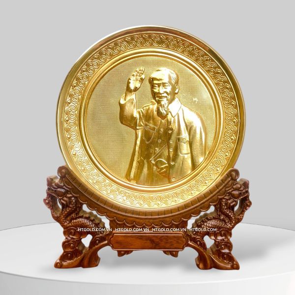 TRANH ĐĨA ĐỒNG MẠ VÀNG 24k - BÁC HỒ VẪY TAY CHÀO (Đk 19cm)