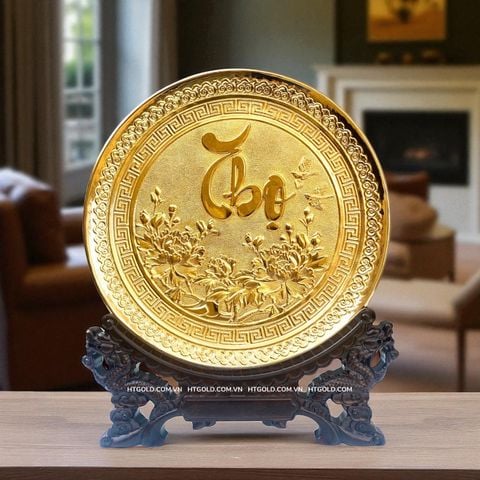 TRANH ĐĨA ĐỒNG CHỮ THỌ, MẠ VÀNG 24K (Đk 25cm/ Cao 30cm)