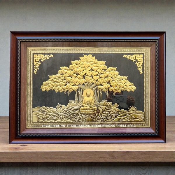 TRANH ĐỒNG DÁT VÀNG - ĐỨC PHẬT NGỒI DƯỚI GỐC CÂY BỒ ĐỀ (50cm*70cm)