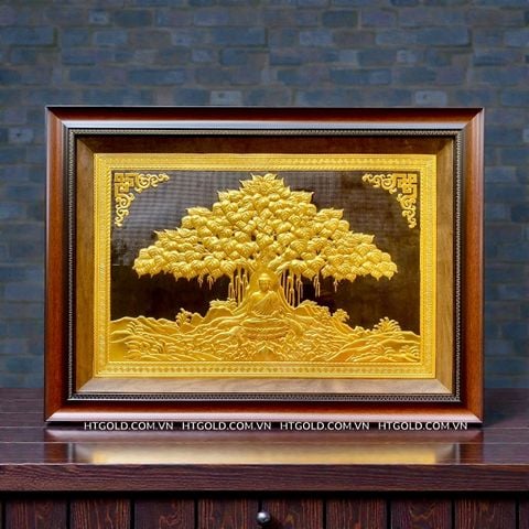 TRANH ĐỒNG DÁT VÀNG - ĐỨC PHẬT NGỒI DƯỚI GỐC CÂY BỒ ĐỀ (40cm*55cm)