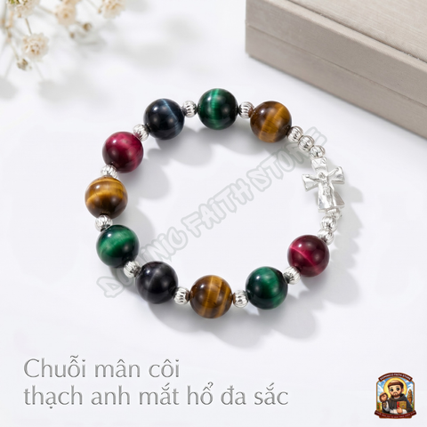  Vòng Tay Mân Côi Đá Mắt Hổ Đa Sắc Mix Bạc Ta: Bản Giao Hưởng Của Ánh Sáng Và Niềm Tin 