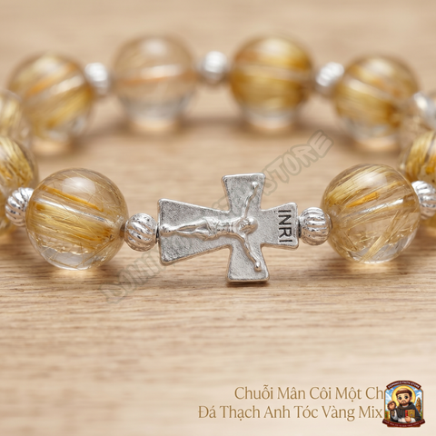  Chuỗi Mân Côi Thạch Anh Tóc Vàng Mix Bạc Ta - Tuyệt Tác Hồng Ân Rực Rỡ 