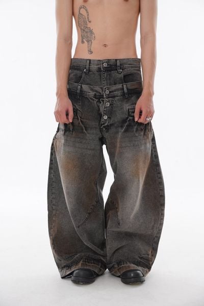  Double Waist Washed Jeans - Brown 