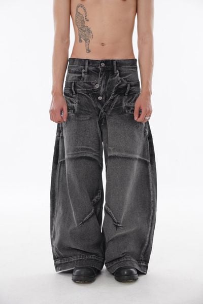  Double Waist Washed Jeans - Stone Gray 
