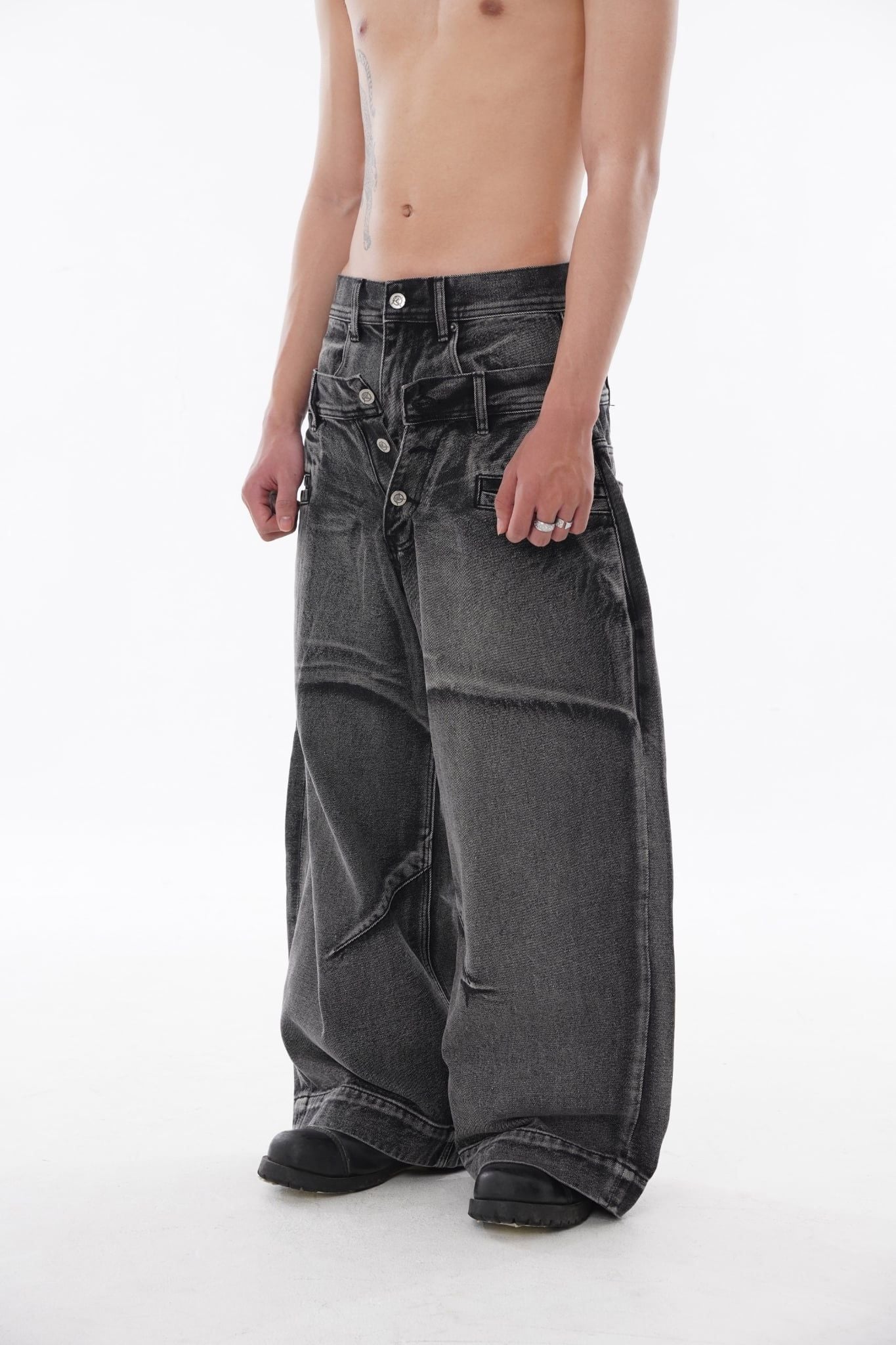 Double Waist Washed Jeans - Stone Gray