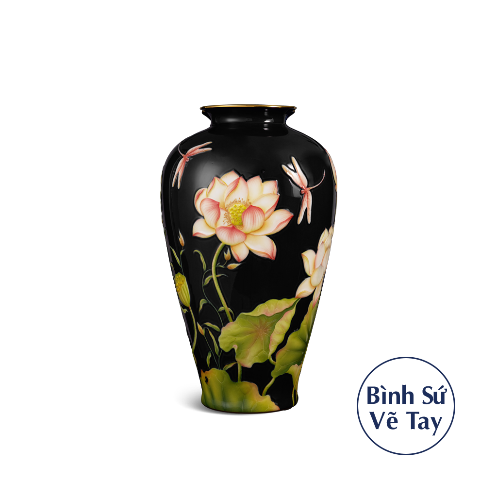 Bình hoa 40 cm - Sen Khắc (Nền Đen)