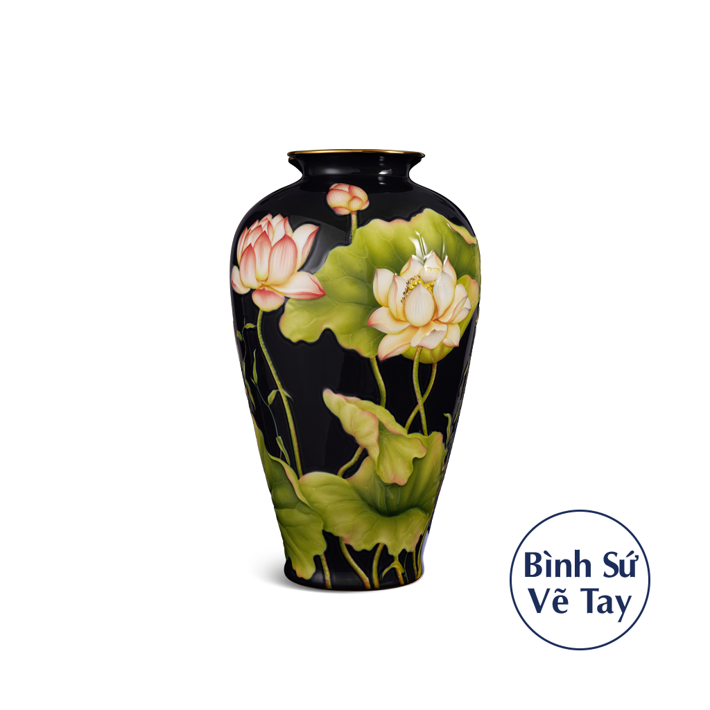 Bình hoa 40 cm - Sen Khắc (Nền Đen)