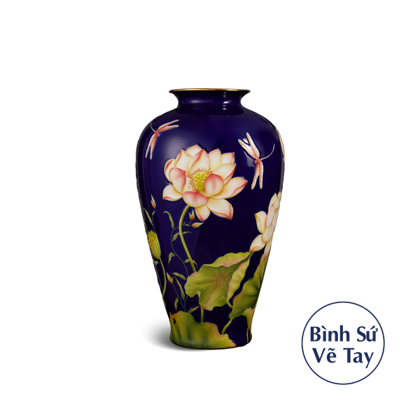 Bình hoa 40 cm - Bình Hoa - Sen Khắc nổi nền Cobalt