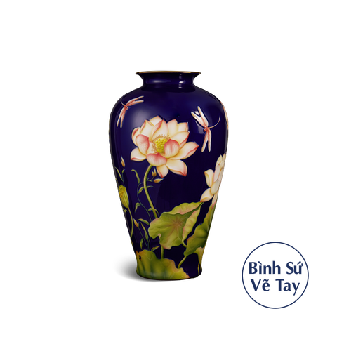  Bình hoa 40 cm - Bình Hoa - Sen Khắc nổi nền Cobalt 