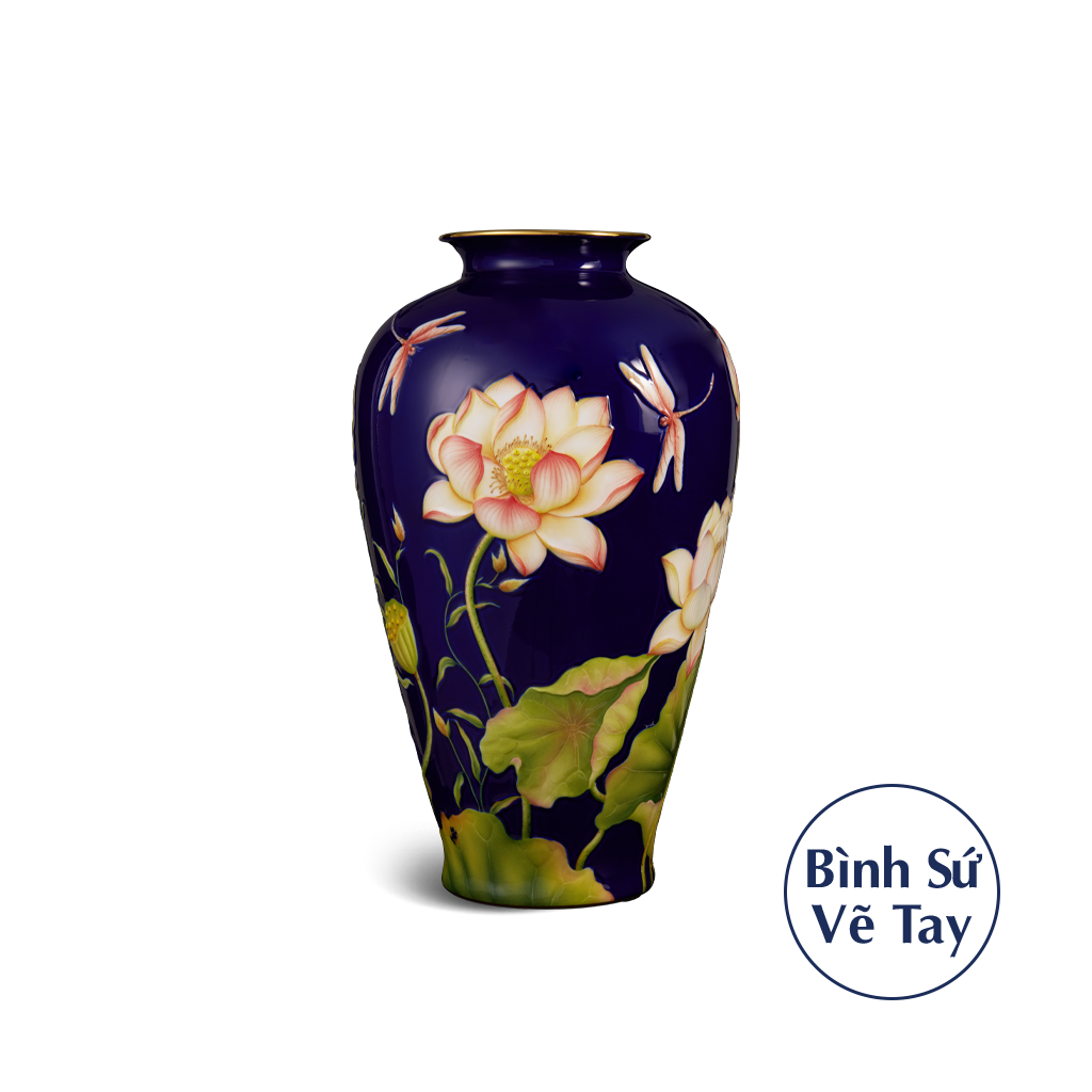 Bình hoa 40 cm - Bình Hoa - Sen Khắc nổi nền Cobalt