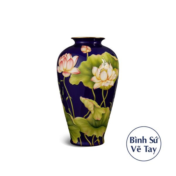 Bình hoa 40 cm - Bình Hoa - Sen Khắc nổi nền Cobalt