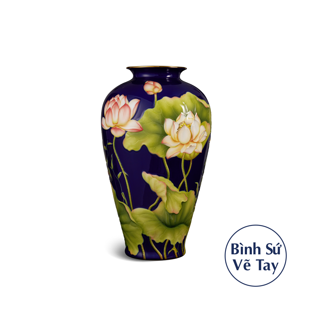 Bình hoa 40 cm - Bình Hoa - Sen Khắc nổi nền Cobalt