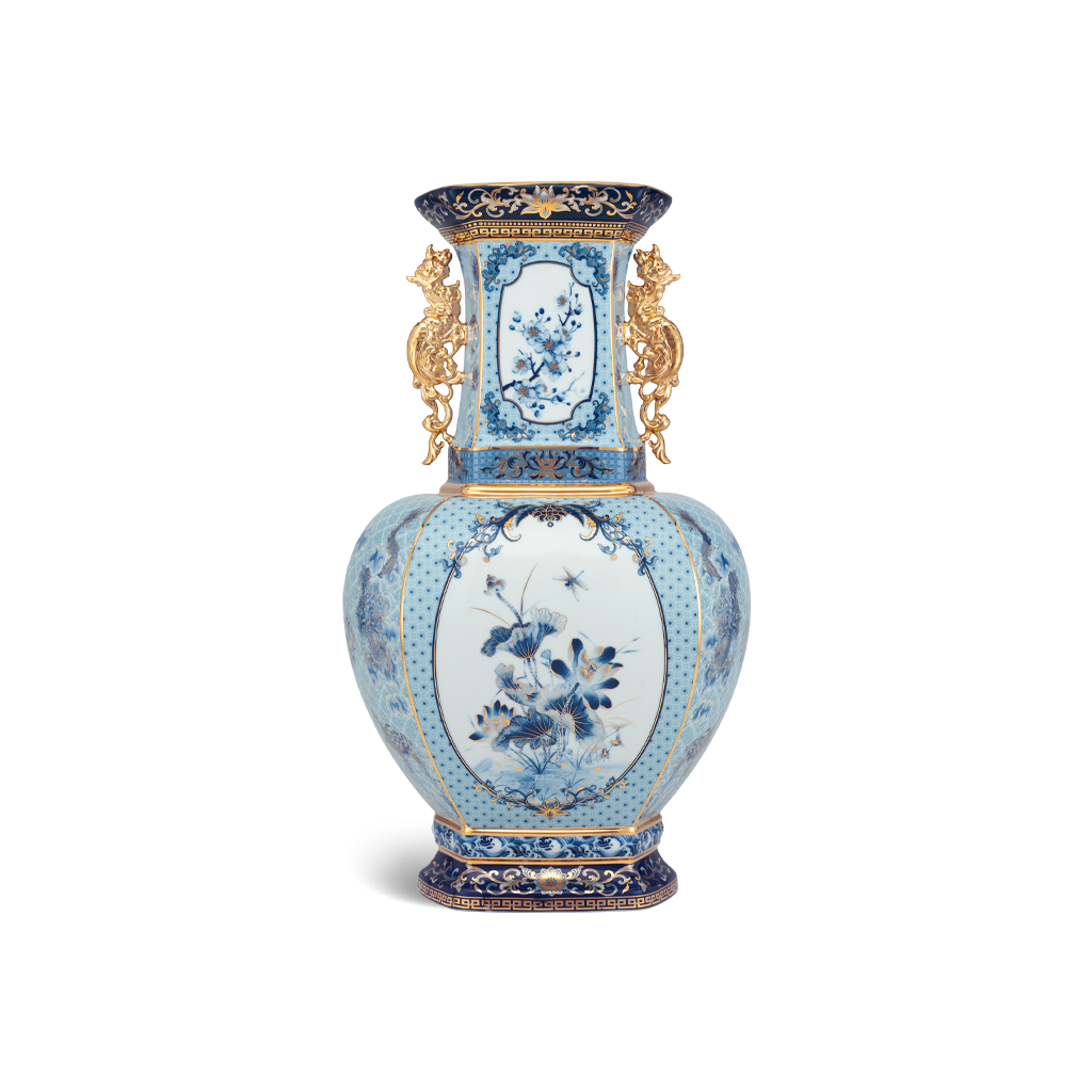 Bình hoa lục giác 45 cm (quai rồng) - Bình Hoa - Thịnh Vượng (xanh dương)