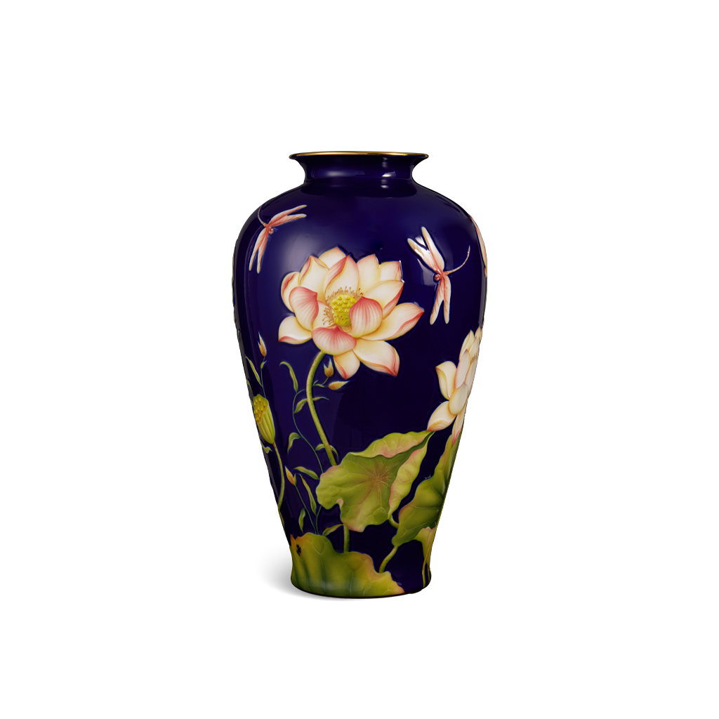 Bình hoa 40 cm - Bình Hoa - Sen Khắc nổi nền Cobalt