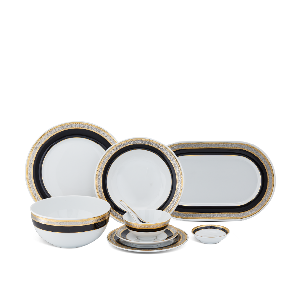 Bộ đồ ăn Âu-Á 45 sản phẩm - Sago - Hoa Hồng Đen khắc nổi