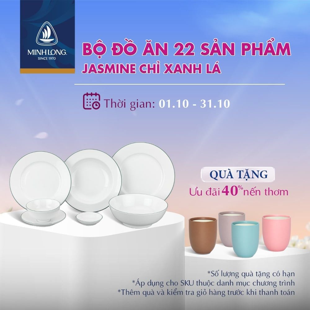 Bộ đồ ăn 22 sản phẩm - Jasmine - Chỉ Xanh Lá