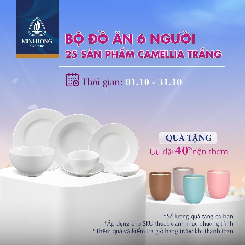 Bộ đồ ăn 6 người 25 sản phẩm - Camellia - Trắng