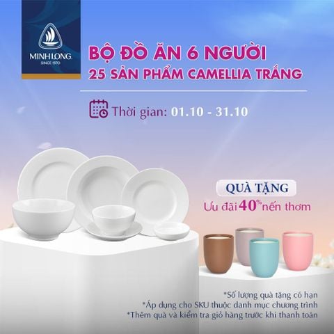  Bộ đồ ăn 6 người 25 sản phẩm - Camellia - Trắng 