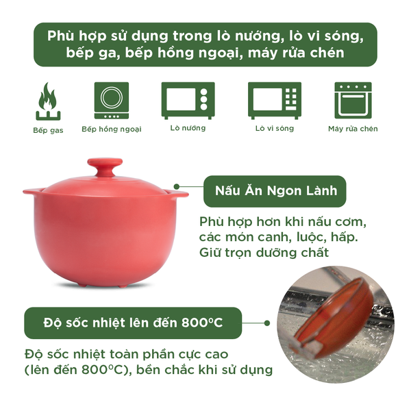 Nồi dưỡng sinh Vesta (Nồi tròn cao) 1.2 L + nắp (CK) - Màu Đỏ 2