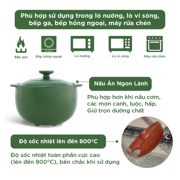 Nồi dưỡng sinh Vesta (Nồi tròn cao) 1.2 L + nắp (CK) - Xanh Rêu
