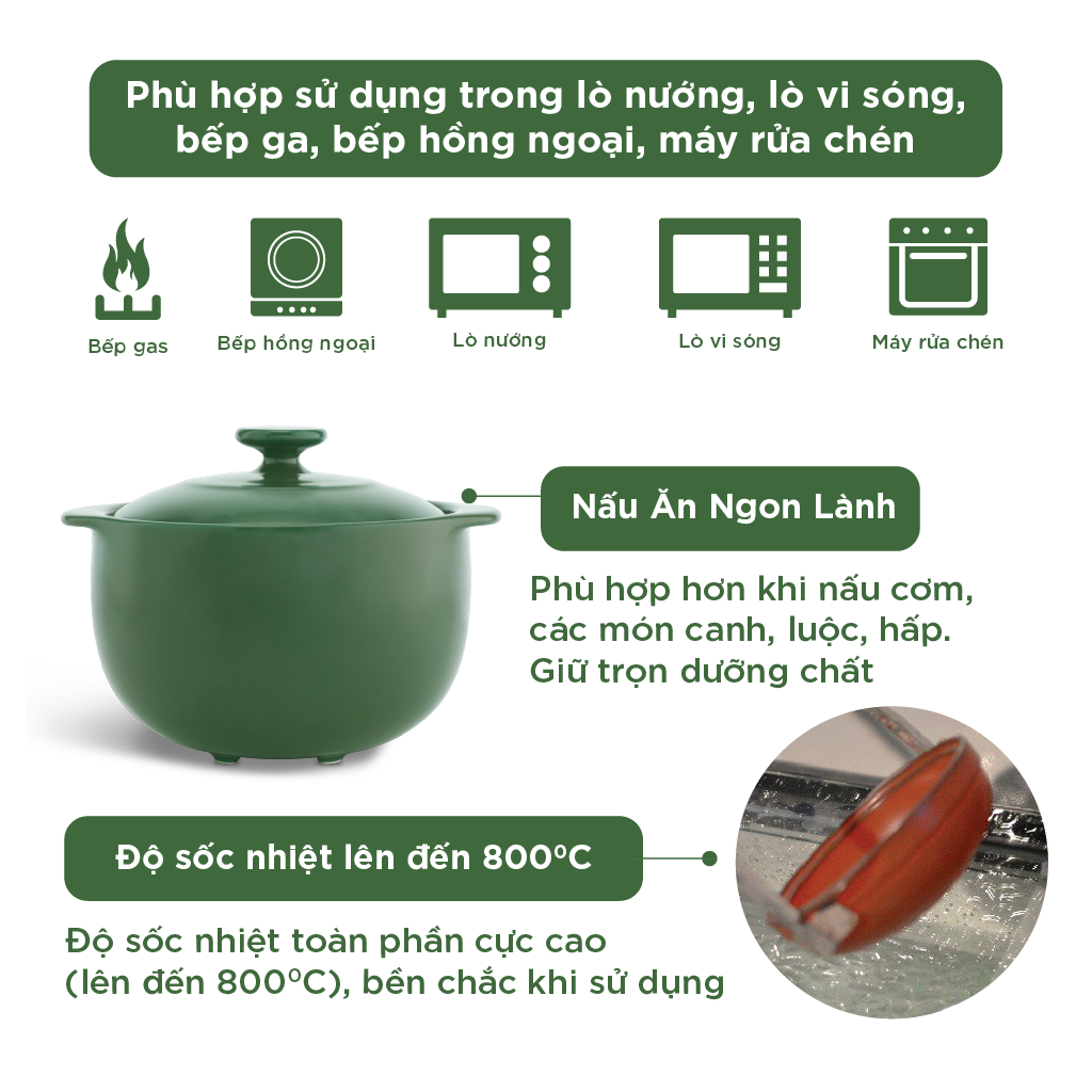 Nồi dưỡng sinh Vesta (Nồi tròn cao) 1.2 L + nắp (CK) - Xanh Rêu