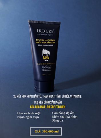 Sữa Rửa Mặt Ngăn Ngừa Mụn, Sáng Da Dành Cho Nam Giới Lro'Cre 100g 