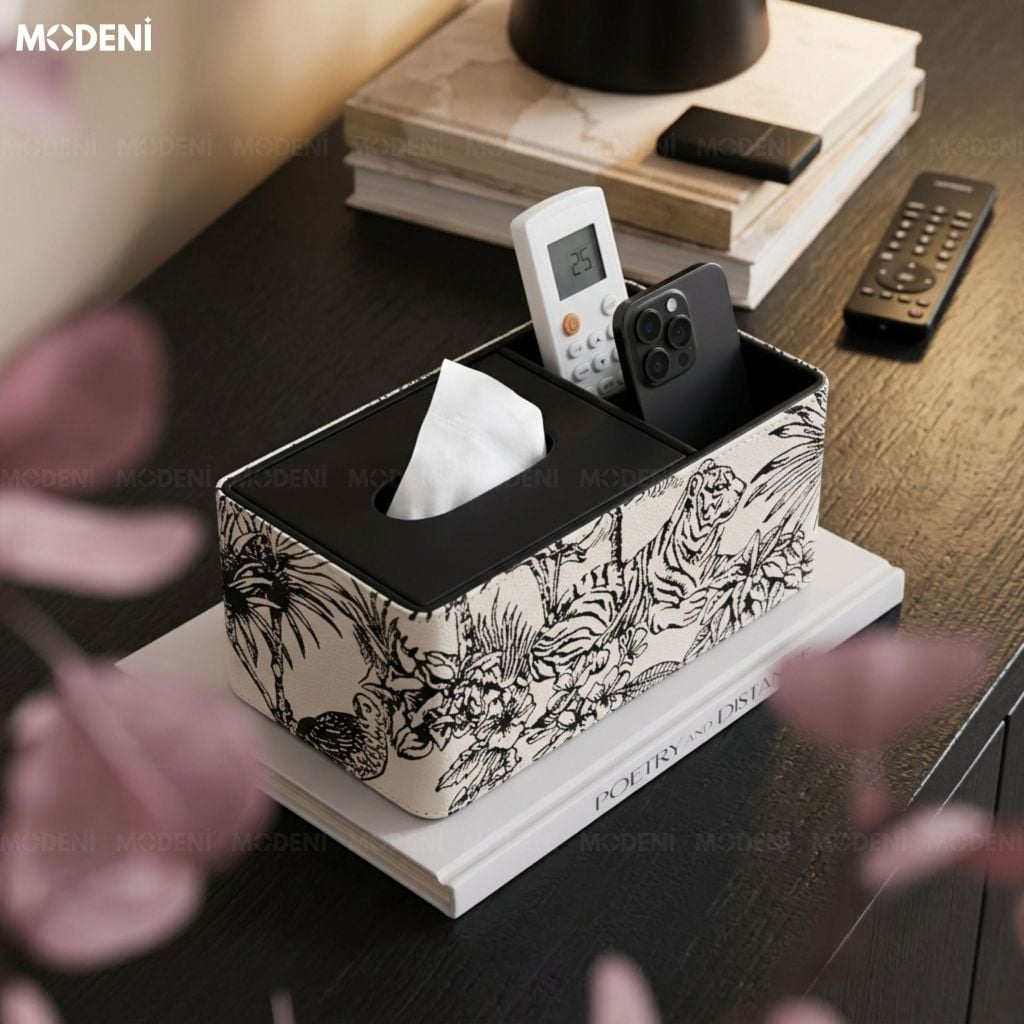 Hộp Khăn Giấy Vanity Bọc Da Cao Cấp Họa Tiết Toile Nghệ Thuật - Vẻ Đẹp Cổ Điển Sagn Trọng Cho Phòng Khách Luxury