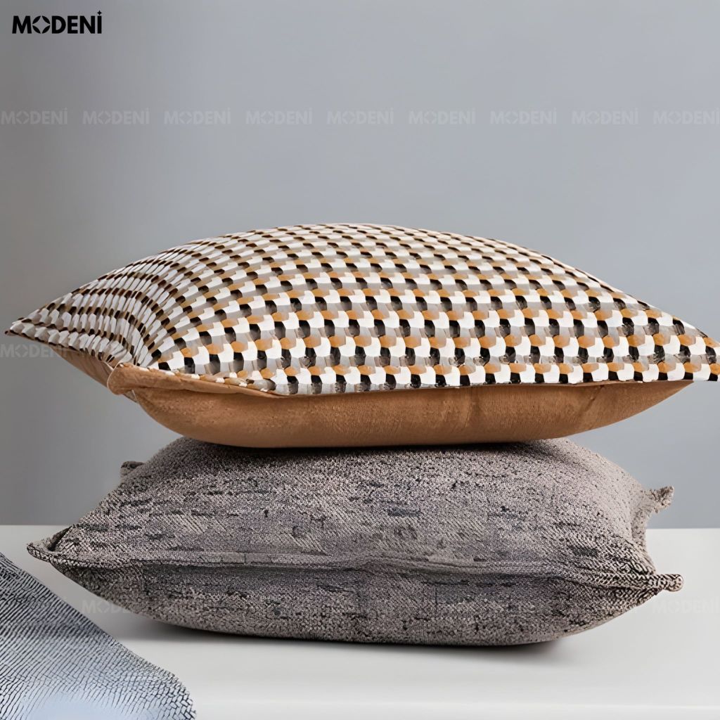 Vỏ Gối Sofa Linemark – Vải Chinelle Họa Tiết Caro Đa Lớp Tối Giản