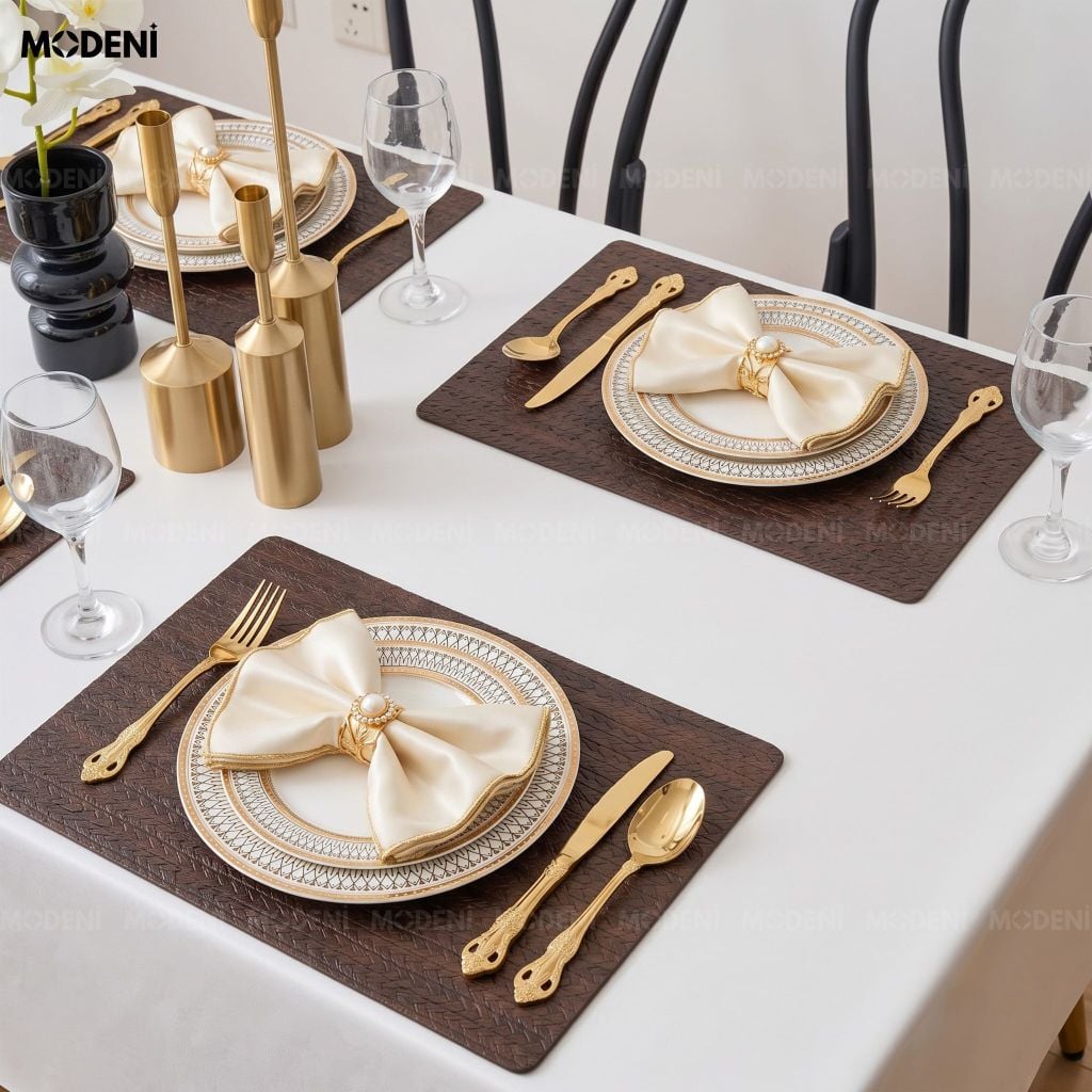 Tấm Lót Bàn Ăn Tassilo Placemat PVC Giả Da Cao Cấp Màu Nâu Họa Tiết Dệt Xương Cá Chống Thấm Nước Cho Bàn Tiệc Sang Trọng