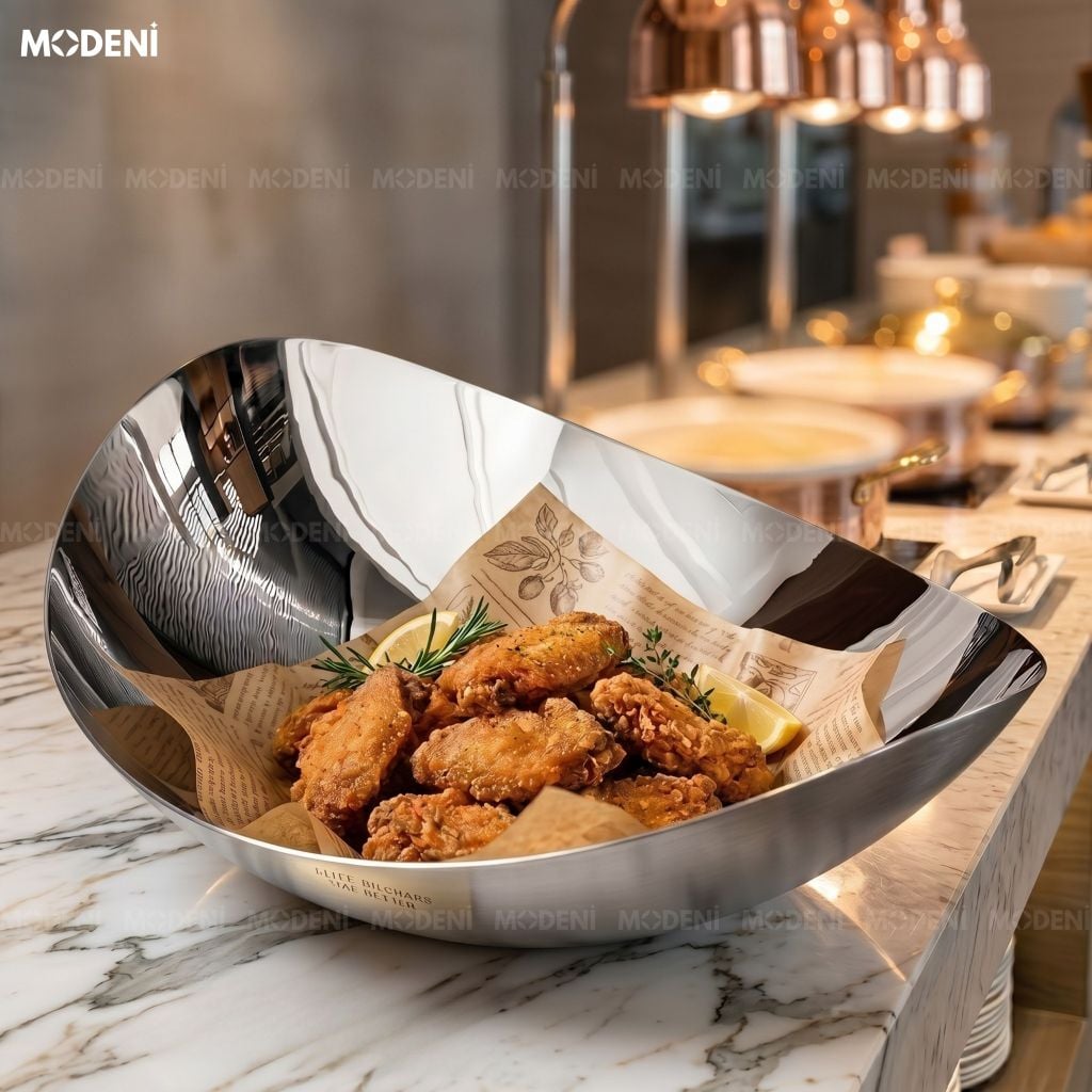 Tô Đựng Bánh Kẹo Inox Selena Bạc Ánh Kim – Thiết Kế Oval Tối Giản Sang Trọng – Phù Hợp Decor Bàn Tiệc, Bàn Tiếp Khách, Trang Trí Nhà Ở Hiện Đại