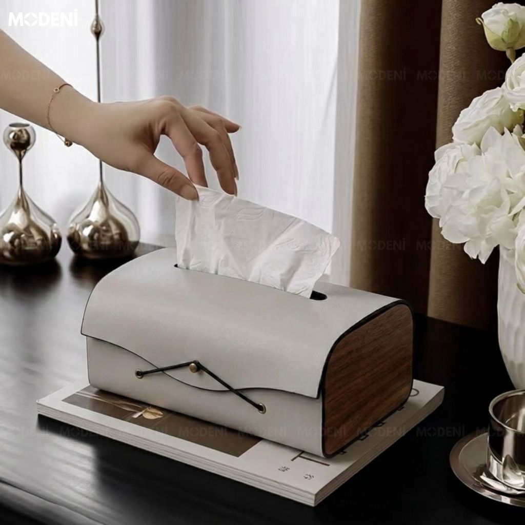 Hộp Khăn Giấy Elise Xám Da Microfiber Cao Cấp Phối Ốp Vân Gỗ Japandi Tối Giản Tinh Tế Cho Phòng Ngủ Và Văn Phòng