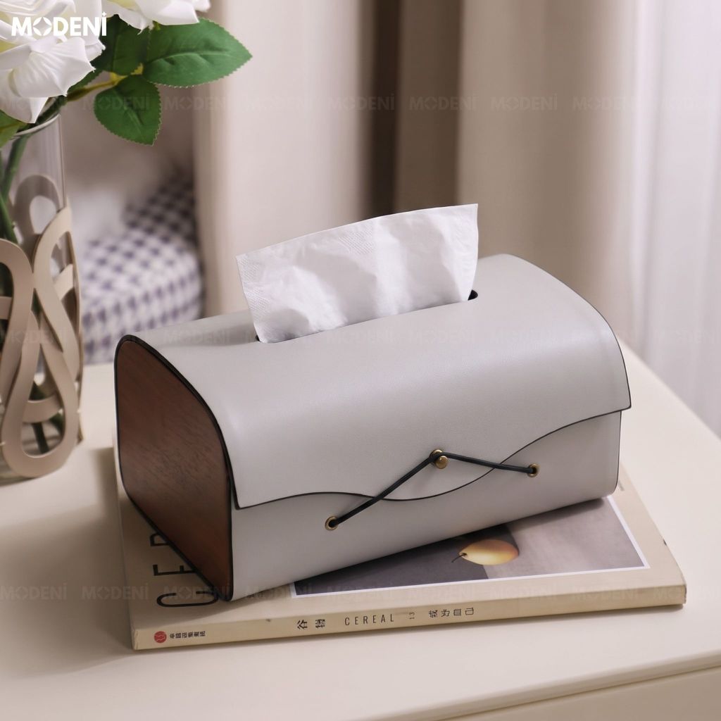 Hộp Khăn Giấy Elise Xám Da Microfiber Cao Cấp Phối Ốp Vân Gỗ Japandi Tối Giản Tinh Tế Cho Phòng Ngủ Và Văn Phòng