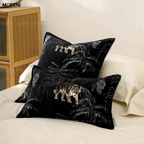  Vỏ Gối Sofa Limber – Vải Jackquard Phối Nhung Họa Tiết Hổ Lá Rừng May Ép Nhiệt Hiện Đại Sang Trọng 