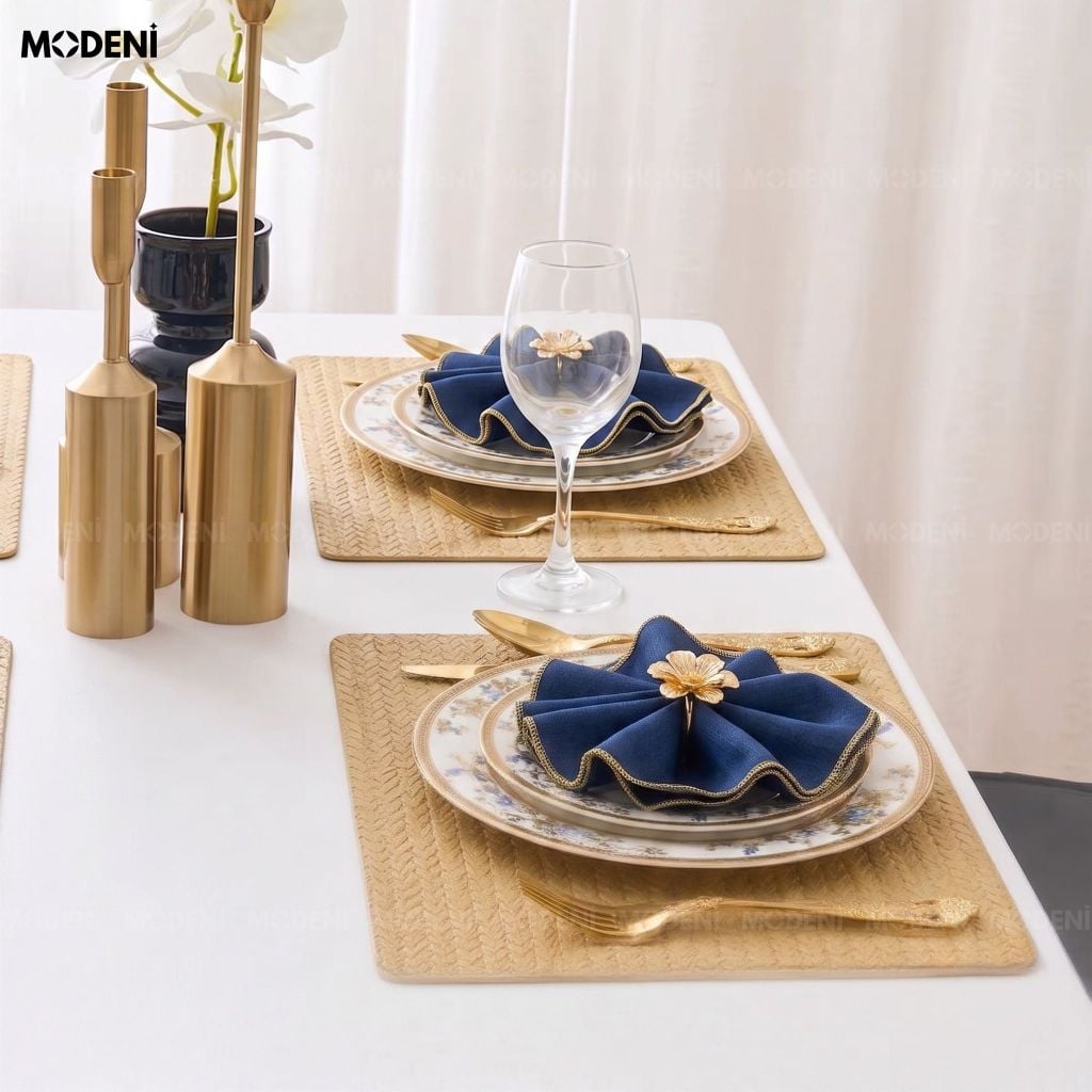 Tấm Lót Bàn Ăn Tassilo Placemat PVC Giả Da Cao Cấp Màu Vàng Họa Tiết Dệt Xương Cá Chống Thấm Nước Cho Bàn Tiệc Sang Trọng