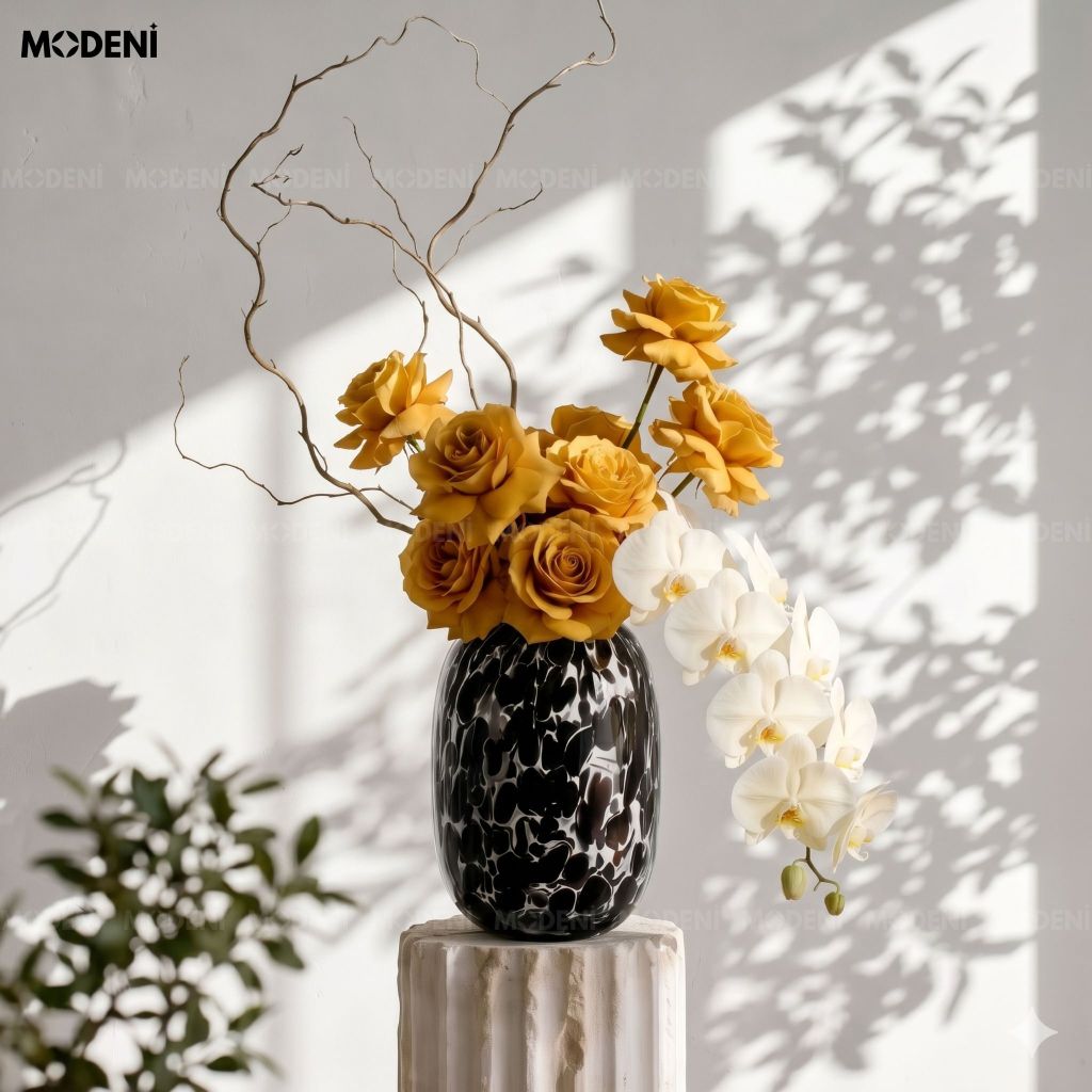 Bình Hoa Magma Thủy Tinh Vân Đá Marble Đen Khói Phong Cách Nghệ Thuật Bắc Âu
