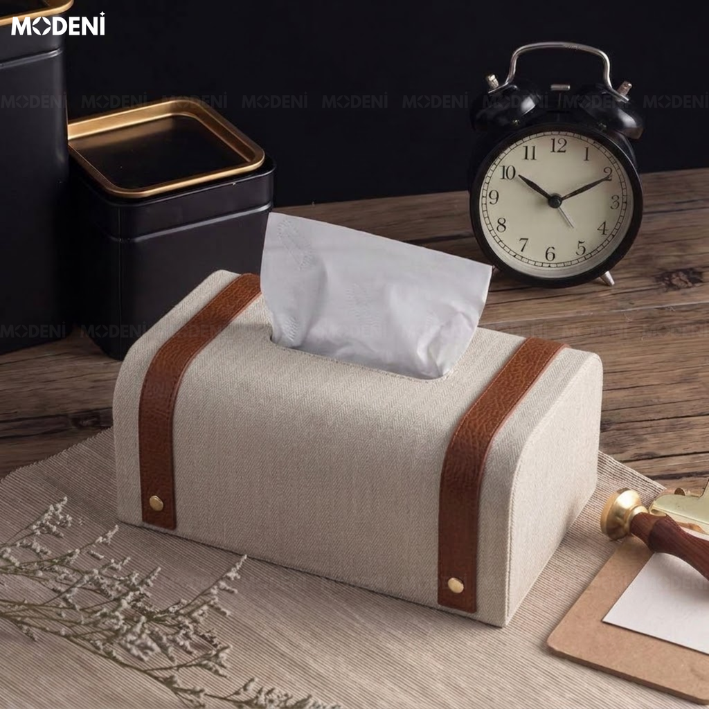 Hộp Khăn Giấy Kavet Da PU Phối Quai Nâu Dáng Rương Cổ Điển Màu Trắng Chống Bám Bụi Cho Bàn Trà Phòng Khách