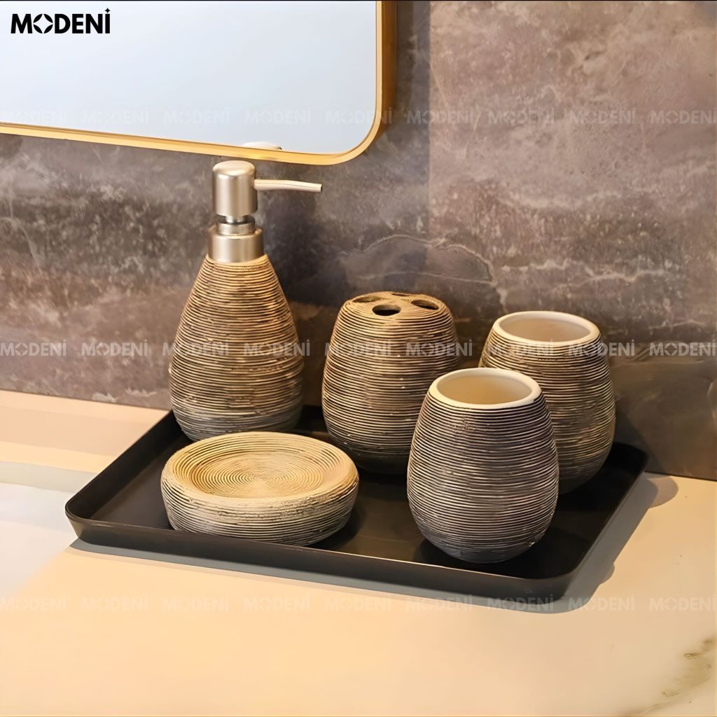 Set Đồ Dùng Nhà Tắm Lusine - Gốm Sứ Cao Cấp Họa Tiết Vân Nổi Tối Giản Sang Trọng, Điểm Nhấn Thanh Lịch Cho Mọi Không Gian Tắm Hiện Đại