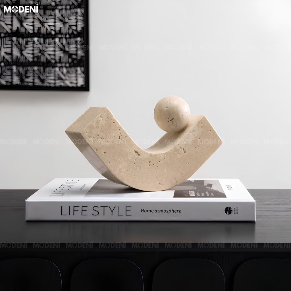 Tượng Trang Trí Cân Bằng U-Sphere Composite Giả Đá Travertine Màu Be Phong Cách Wabi Sabi