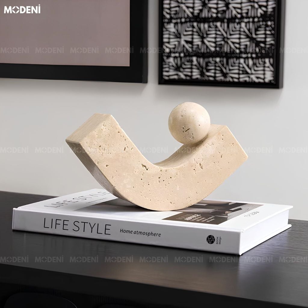 Tượng Trang Trí Cân Bằng U-Sphere Composite Giả Đá Travertine Màu Be Phong Cách Wabi Sabi