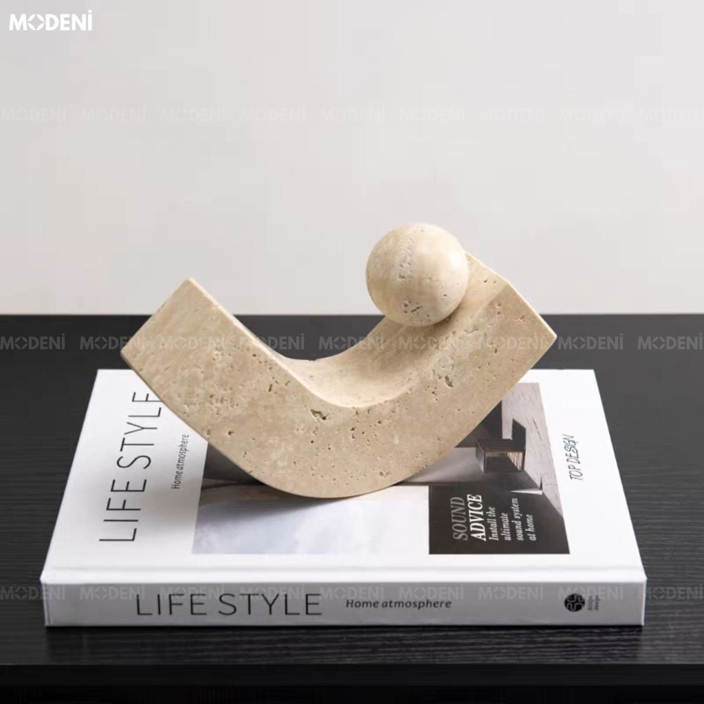 Tượng Trang Trí Cân Bằng U-Sphere Composite Giả Đá Travertine Màu Be Phong Cách Wabi Sabi