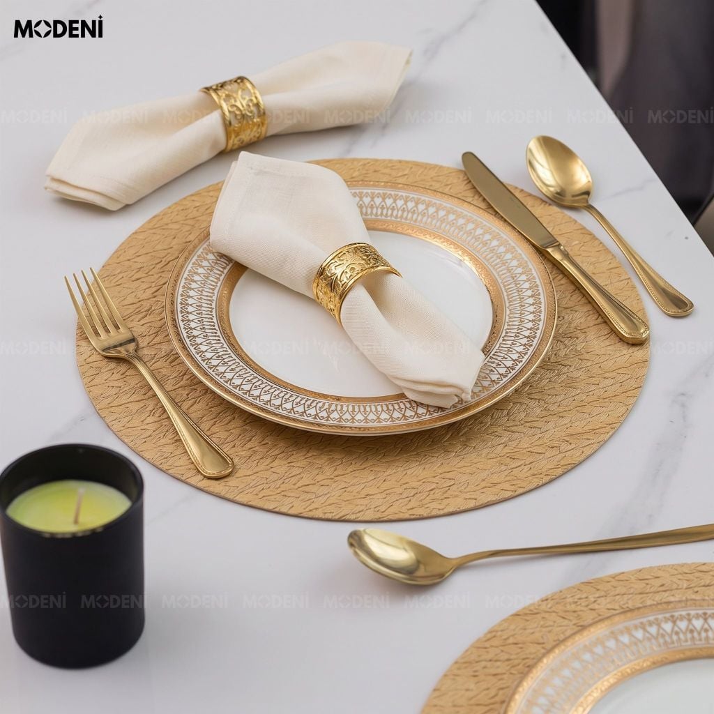 Tấm Lót Bàn Ăn Tassilo Tròn Placemat PVC Giả Da Cao Cấp Màu Vàng Họa Tiết Dệt Xương Cá Chống Thấm Nước Cho Bàn Tiệc Sang Trọng
