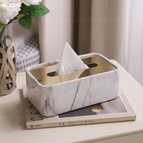  Hộp Khăn Giấy Nero Marquina Composite Vân Đá Trắng Viền Thép Vàng Phong Cách Hiện Đại 