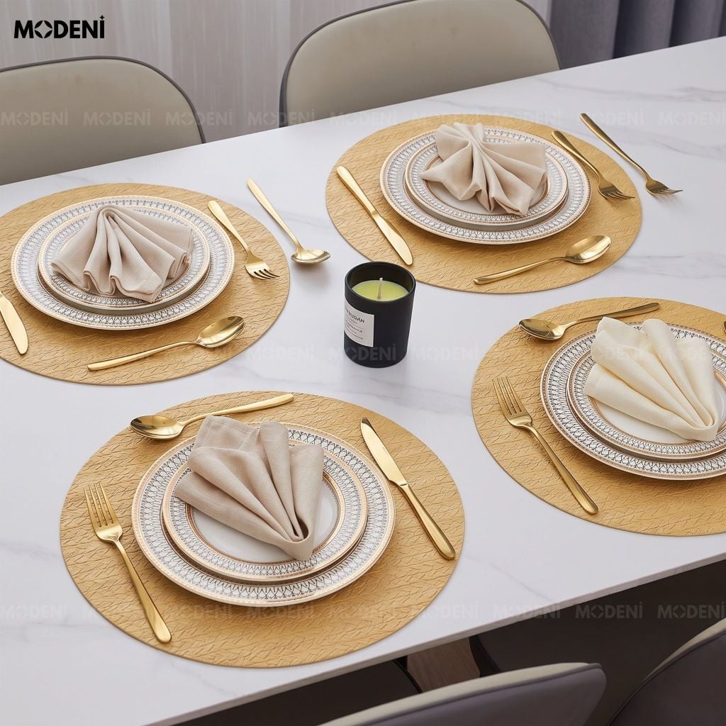 Tấm Lót Bàn Ăn Tassilo Tròn Placemat PVC Giả Da Cao Cấp Màu Vàng Họa Tiết Dệt Xương Cá Chống Thấm Nước Cho Bàn Tiệc Sang Trọng