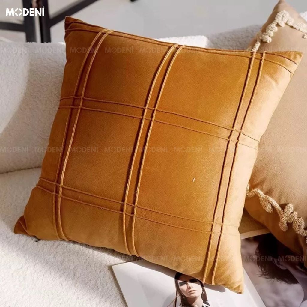 Vỏ Gối Sofa Ocra Vải Nhung Mịn Thẩm Mỹ Bắc Âu Chỉ Trần Kẻ Ô Cách Điệu Cho Phòng Ngủ Ấm Cúng Hiện Đại