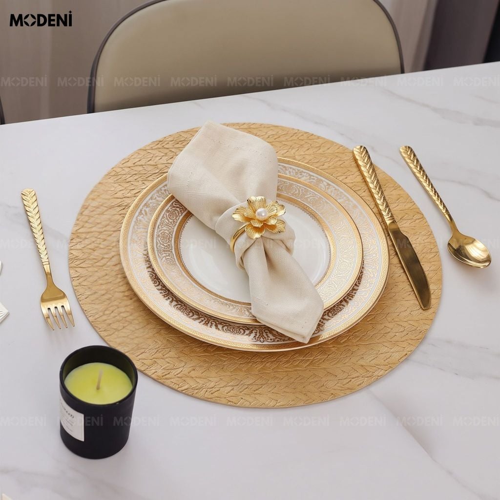 Tấm Lót Bàn Ăn Tassilo Tròn Placemat PVC Giả Da Cao Cấp Màu Vàng Họa Tiết Dệt Xương Cá Chống Thấm Nước Cho Bàn Tiệc Sang Trọng
